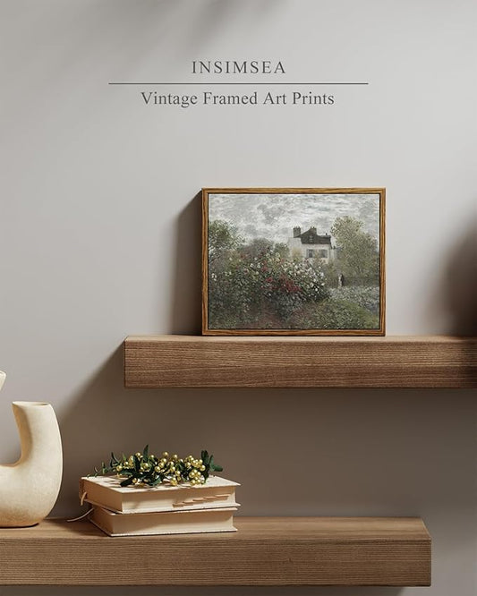 InSimSea Framed Canvas Wall Art Vintage Decor, Monet Flower Garden Painting Prints, Vintage Room Decor, Wall Decor Living Room Bedroom Kitchen Office Room Decor, 8"x10"