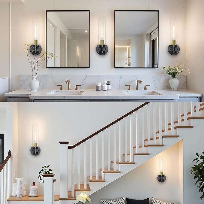 Wall Sconces Set of Two, Bathroom Sconces with Clear Glass, Hardwired Sconces Wall Decor Set of 2, Modern Wall Lights for Living Room Mirror Bedroom Hallway Kitchen (Gold and Black)