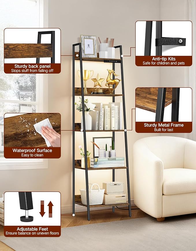 5-Tier Small Ladder Shelf with LED Lights, Touch & Remote Control, 3 Color Temperatures, Dimmable Tall Corner Standing Bookcase, Metal Wood Display Shelf for Living Room, Bedroom