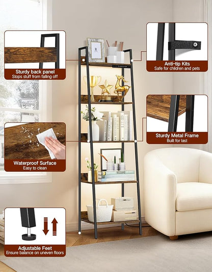 5-Tier Small Ladder Shelf with LED Lights, Touch & Remote Control, 3 Color Temperatures, Dimmable Tall Corner Standing Bookcase, Metal Wood Display Shelf for Living Room, Bedroom