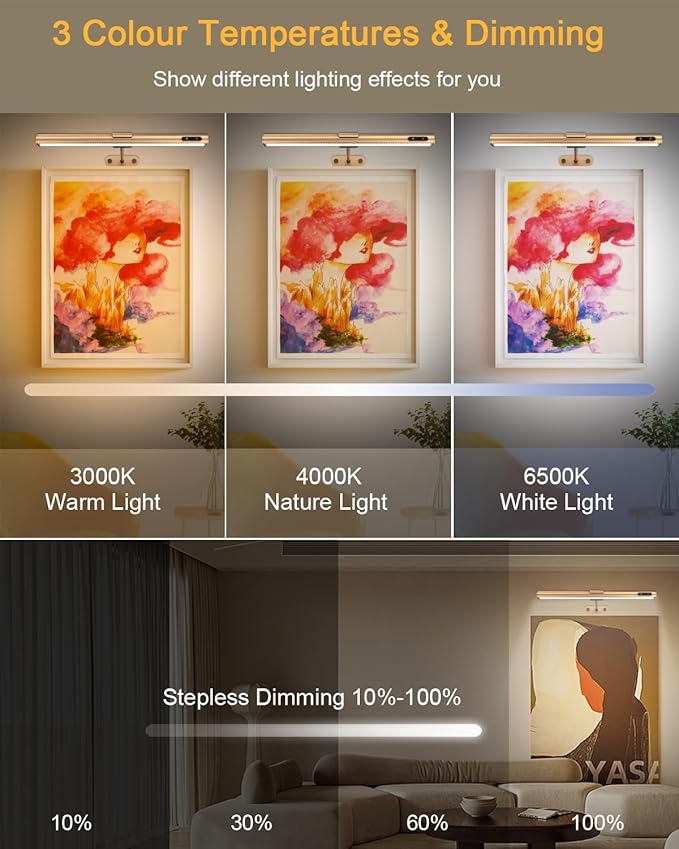 GOVSSING Picture Lights for Wall - 4000mAh Rechargeable Battery Wireless Picture Light with Remote, 3 Color Temps & Dimmable, 15.7” Rotatable Art Light, Memory & Timer Functions, Rose Gold