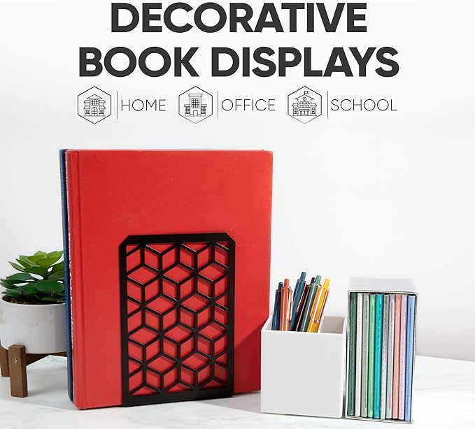 Geomod 3D Cube Black Metal Bookends Decorative for Heavy Books - Sturdy Boho Book Stops - Minimal Book Shelf Stopper - Durable Office Bookends - Weighted Metal Book Holders - 7x4.75 Inches - 3 Pair