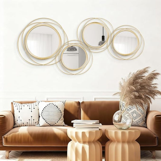 Cityelf 4 Set Mixed Size Gold Circle Mirrors Wall Decor Iron Frame Wall Art Round Mirror Home Decor Hanging for Living Room/Bedroom/Bathroom/Entryway