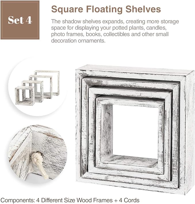 J JACKCUBE DESIGN Floating Hanging Square Shelves Wall Mounted Rustic Wood Cube Display Shelf Shadow Boxes Decorative Boho Home Décor for Living Room, Bedroom, Office, Set of 4 (White) - MK571C