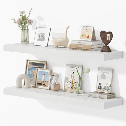 Dreamland 40 Inches Floating Shelves for Wall, 9.3" Deep Long Floating Shelves Set of 2, Large Display & Storage Shelf, Wall Shelf for Bathroom Bedroom Living Room Kitchen Office, White