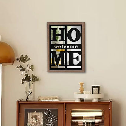 Welcome Home Signs Wall Decor, Wooden Rustic Farmhouse Square Wall Mirror，Accent Mirror for Living Room, Bedroom, Entryway 18”x12”