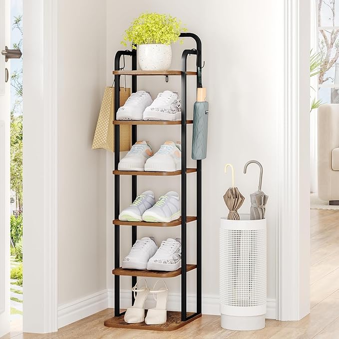 6 Tiers Vertical Shoe Rack, Narrow Shoe Tower, Tall Shoes Shelf with 2 Hooks, Adjustable Shelves, Corner Shoes Shelves for Small Spaces, Entryway, Living Room, Rustic Brown SR04201B