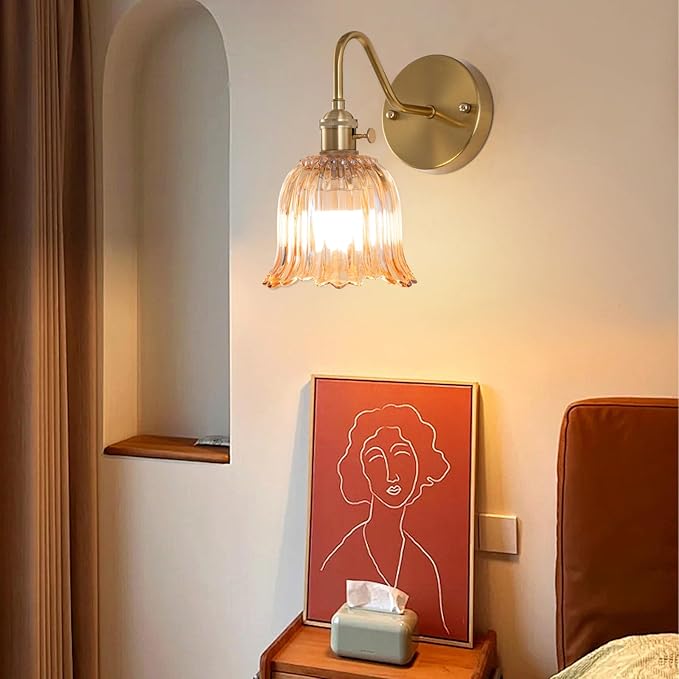Battery Operated Wall Sconce Set of 2, Rechargeable Battery Powered Amber Wall Lights with 15 Colors, Vintage Glass Wall Lamp with Remote Control for Beside, Bedroom, Living Room