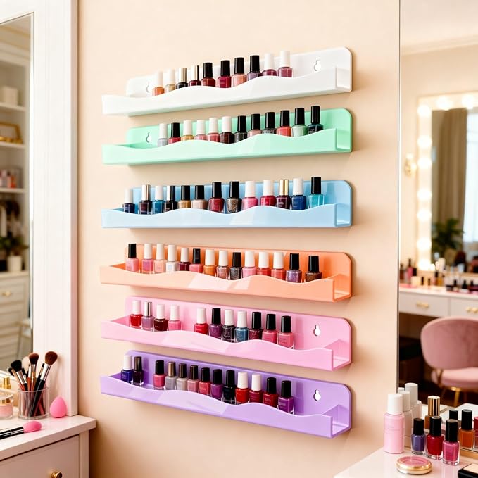 6 Pack Nail Polish Wall Racks 15 Inch Acrylic Multi Color Floating Shelves for Kids Book,Tattoo Ink, Essential Oils, Figurine Display Ledges Spice Rack for Salons Retailers Home