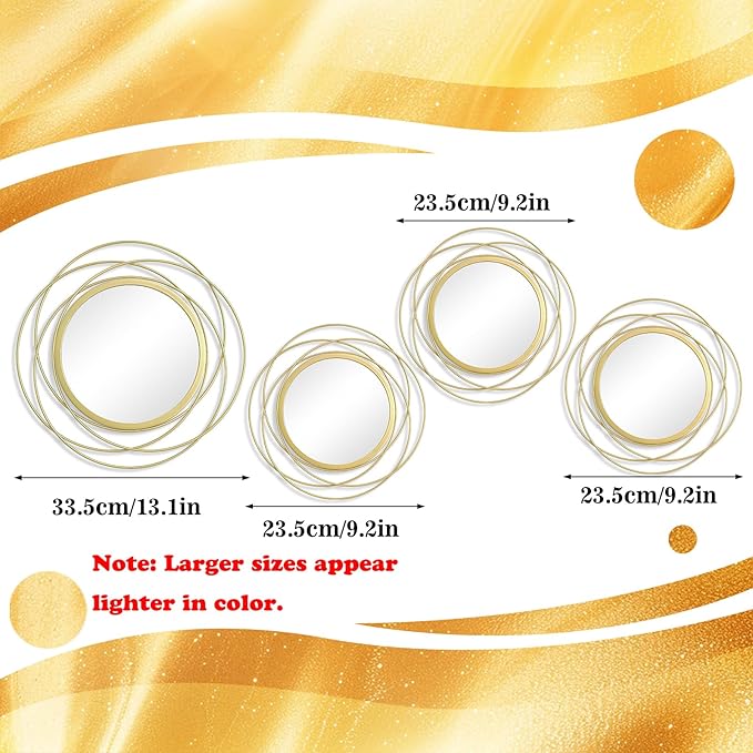Cityelf 4 Set Mixed Size Gold Circle Mirrors Wall Decor Iron Frame Wall Art Round Mirror Home Decor Hanging for Living Room/Bedroom/Bathroom/Entryway