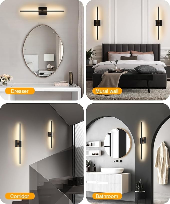 Battery Operated Wall Sconces Set of 2, Dimmable Battery Wall Sconce with Remote Control, Black LED Rechargeable Sconces, 36 Inch Modern Wireless Wall Lights for Bedroom, Living Room,Hallway