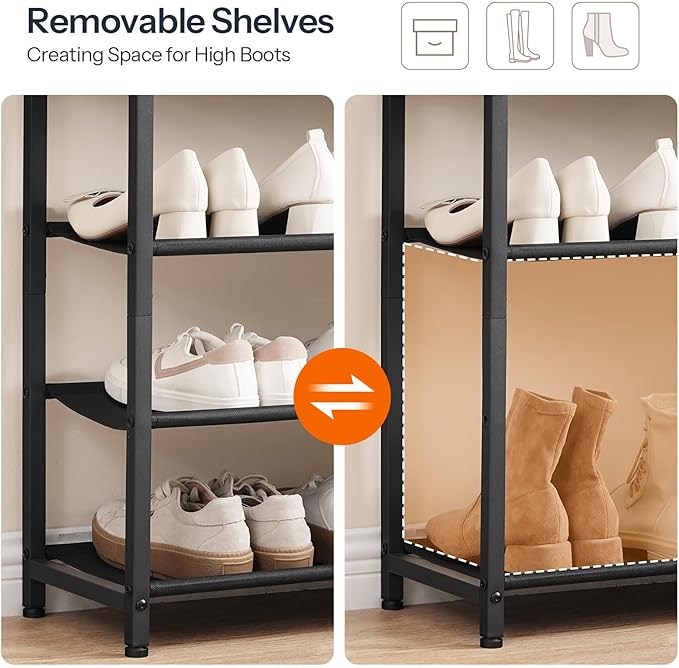 HOOBRO Shoe Rack, 4 Tier Shoe Storage Organizer with 2 Non-Woven Drawers, 9-12 Pairs of Shoes for Entryway, Shoe Shelf with 3 Oxford Fabric Shelves and Wooden Top, Closet, Rustic Brown BF77XJ01