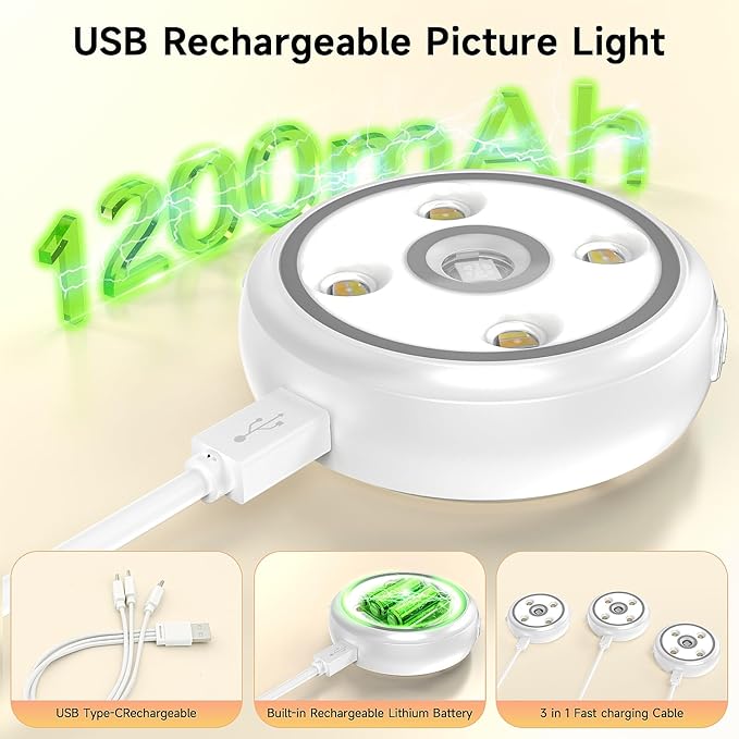 3 Pack Picture Light for Wall with 1200mAh Rechargeable Battery Operated Lights Remote Dimmable Timer Painting Light Magnetic 3 Adjustable Lighting RGB Modes Wall Decor Lights for Living Room(White)