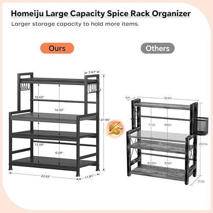 23.6"W Large Kitchen Countertop Organizer, 3 Tier Spice Rack Organizer with Adjustable Shelf and 10 Hooks, Wooden Counter Organizer, Countertop Shelf Microwave Stand for Kitchen, Coffee Bar, Black
