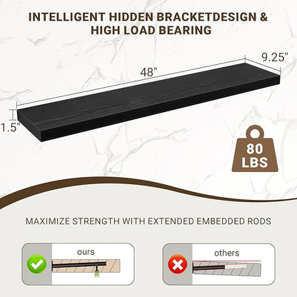 48 Inch Floating Shelves, 48"x9.25"x1.5" Inch Deep Floating Shelves for Wall, Wooden Shelves for Bathroom, Bedroom, Living Room, Black, 1 Piece