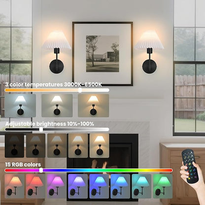 Battery Operated Wall Sconces Set of 2,Black Rechargeable Wall Lights with Remote,Dimmable Wall Lamp with Pleated Shades,15 Colors Wireless Bathroom Vanity Wall Light for Bedroom Living Room Hallway