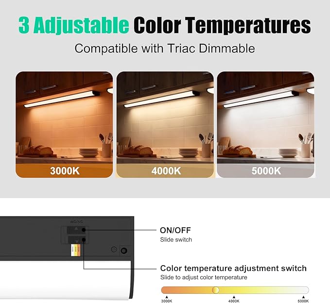 16 Inch LED Under Cabinet Light, Plug in Kitchen Lighting, 3CCT Selectable (3000K/4000K/5000K), CRI94 High Color Accuracy, Linkable, Slim Design Dimmable, Black