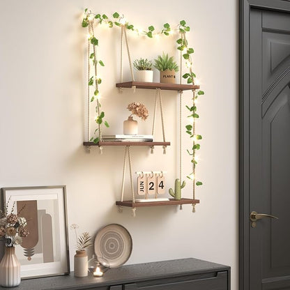 Hanging Shelves for Wall with Vine Lights, 3 Tier Rope Wall Hanging Plant Shelf, Boho Wall Decor Aesthetic for Succulents, Bedroom, Living Room, Bathroom (Rustic Brown)