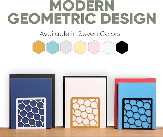 GEOMOD Geometric Honeycomb Sage Metal Bookends Decorative - Tall Sturdy Book Ends for Shelves - Modern Heavy Duty Bookend Stopper - Office or Home Book Shelf Holder - 6x3.25x6.25 Inches-2 Pair