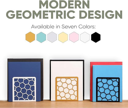 GEOMOD Geometric Honeycomb Sage Metal Bookends Decorative - Tall Sturdy Book Ends for Shelves - Modern Heavy Duty Bookend Stopper - Office or Home Book Shelf Holder - 6x3.25x6.25 Inches-2 Pair