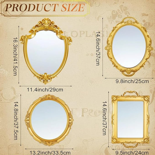 4 Pcs Vintage Gold Mirrors Set Including Small Oval Wall Mirror Antique Shield Shape Square Decorative Mirror Dresser Mirrored Tray for Bedroom Wedding Victorian Decor (Classic,Gold)