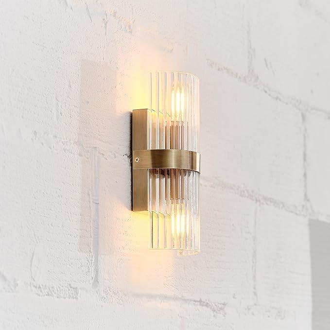 GLOBE Electric 65000046 2-Light Wall Sconce, Matte Brass, Ribbed Glass Shade, E12 Base Sockets, Wall-Lamp Dimmable, Lights for Bedroom, Kitchen Sconces Lighting, Home Decor, Mounted Bedside Lamp