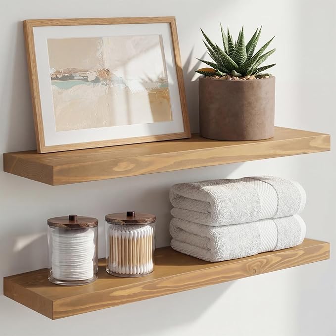 Homeforia 24 inch Golden Oak Floating Shelf, High End Solid Real Wood 24inch Small Floating Shelves for Wall Mounted, Oak Wooden 24in Floating Shelves, Heavy Duty Bracket, 24 X 6.5 X 1.75 in, Set of 4