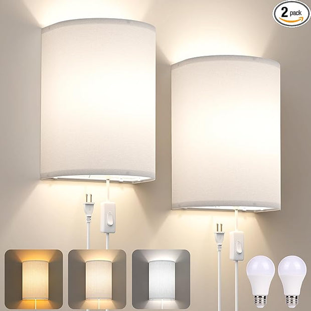 Plug in Wall Sconces Set of Two: Wall Lights with On/Off Switch - Stepless Color Temperature Wall Mount Lamps - Fabric Linen Wall Sconce for Bedroom Living Room & Hallway- Indoor Corded Wall Sconces