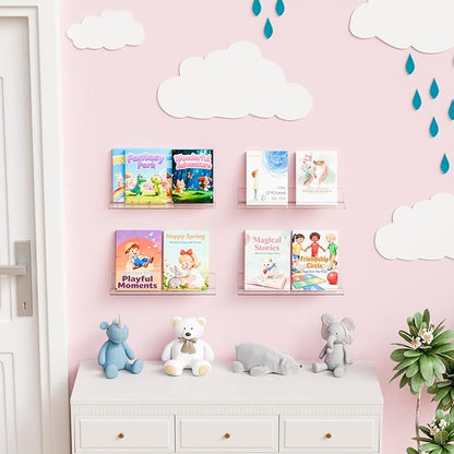 Yieach 6 Pack 15" Acrylic Shelves for Wall,Bathroom,Bedroom - with Adhesive - No Drilling Clear Floating Shelves for Funko Pop,Lego,Action Figures,Nail Polish,Perfume Shelf and Wall Storage & Display