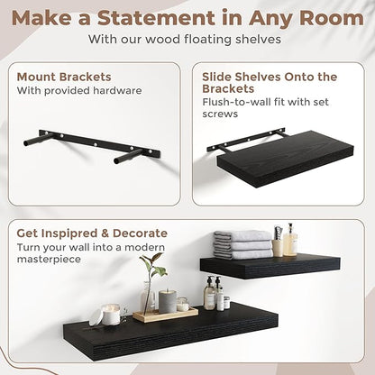 36 Inch Floating Shelves for Wall Set of 2, 12"D Wood Grain Bathroom Shelves with Invisible Brackets, Easy Install Engineered Wood Storage Shelves for Kitchen, Living Room, Bedroom, Black Finish