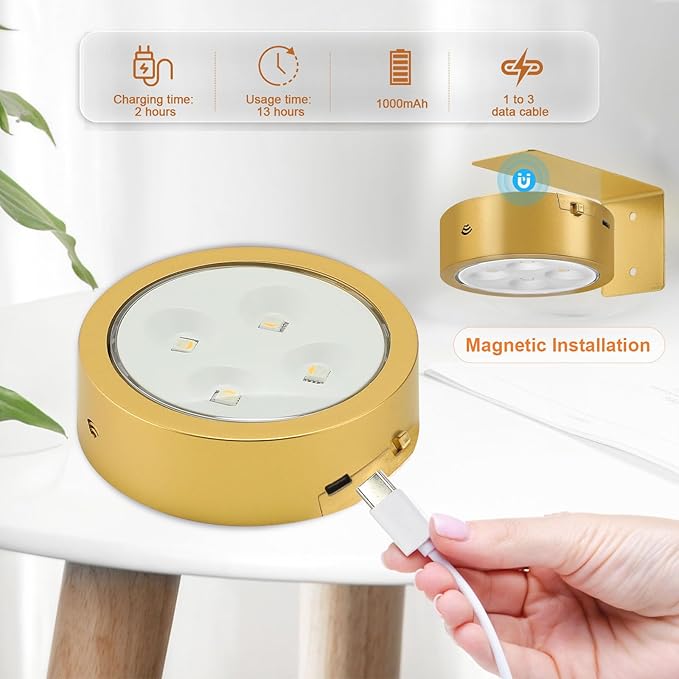 3Pcs Rechargeable Picture Lights,Battery Operated Wall Lights for Pictures with Remote Dimmable and Timer, 3 Lighting Modes Wireless Art Display Light for Picture Frame Paintings-Gold