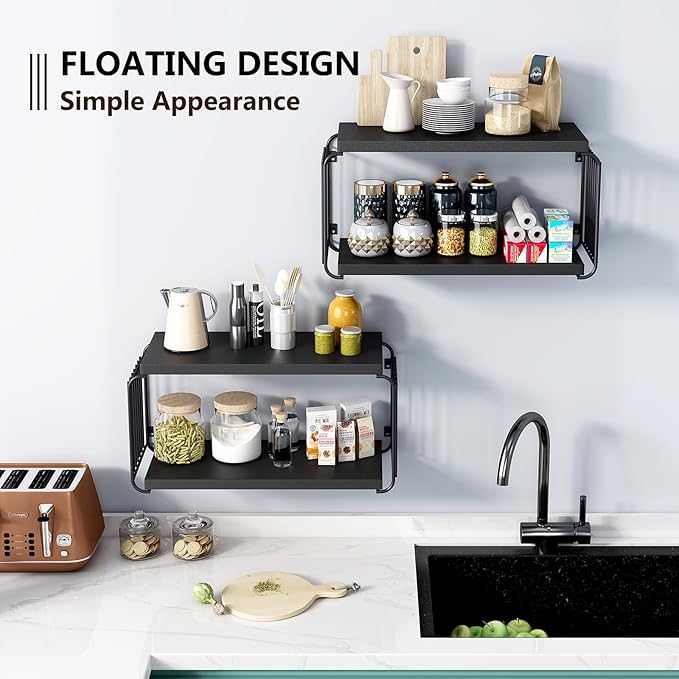 Floating Nightstand Shelves, Modern Night Stand for Bedroom, Wood Floating Shelf for Wall, Nightstand Bedside Table, Mid Century Wall Shelves for Living Room, Bedroom (2, Black)