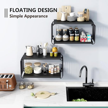 Floating Nightstand Shelves, Modern Night Stand for Bedroom, Wood Floating Shelf for Wall, Nightstand Bedside Table, Mid Century Wall Shelves for Living Room, Bedroom (2, Black)