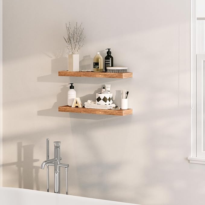 Ballucci Floating Shelves for Wall, 24" Wood Wall Shelf Set of 2, with Invisible Brackets for Bathroom, Living Room, Bedroom, Kitchen, Nursery, 8" Deep, Rustic Brown