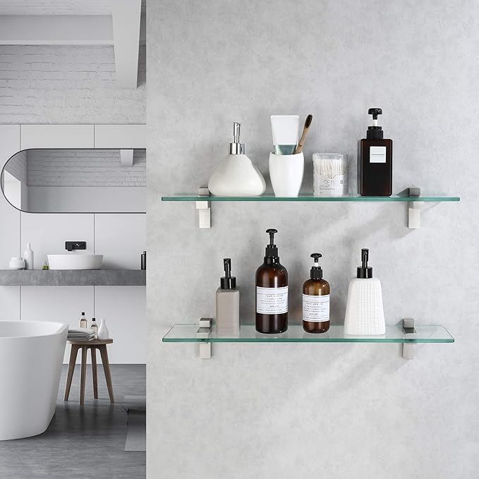 KES Glass Shelves for Bathroom, 24 Inches Bathroom Floating Shelf with Tempered Glass and Brushed Nickel Bracket Wall Mount 2 Pack, BGS3201S60-2-P2