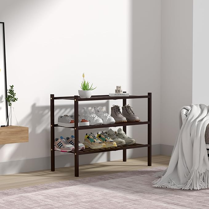 3 Tier Bamboo Shoe Rack for Closet Free Standing Wood Shoe Shelf for Entryway Small Space Stackable 27