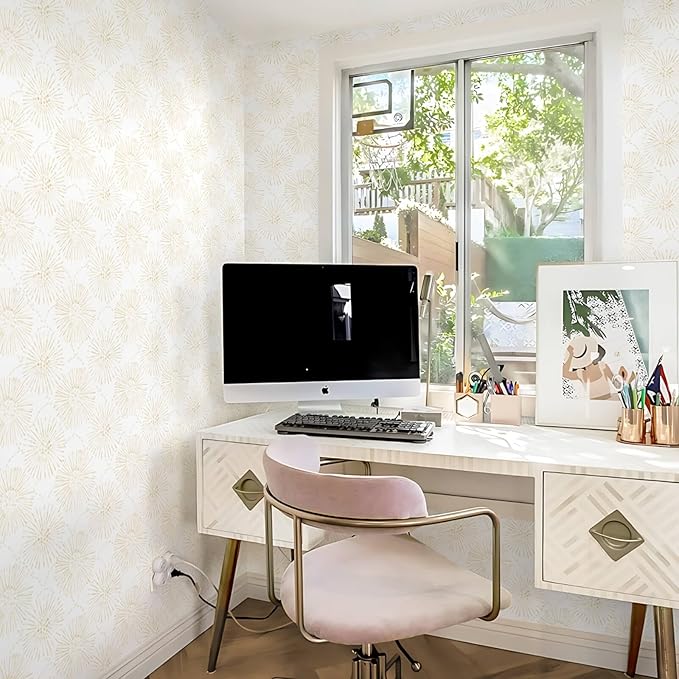Boho Wallpaper Beige Wall Paper Peel and Stick Modern Beige and White Geometric Fireworks Contact Paper Renter Friendly Self-Adhesive Removable Bathroom Bedroom Laundry Room 17.3