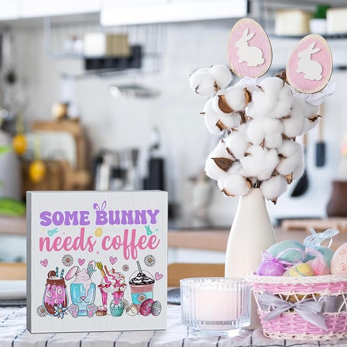 Easter Coffee Bar Decor Easter Table Decor Some Bunny Needs Coffee Wooden Box Sign for Home Office Bedroom Living Room Desk Shelves