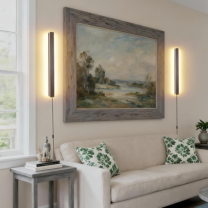 Farmhouse Plug in Wall Sconces, 23.6 inch Faux Walnut Finish LED Long Wall Lights, 12W Warm White 3000K Acrylic Indoor Wall lamp,with 59
