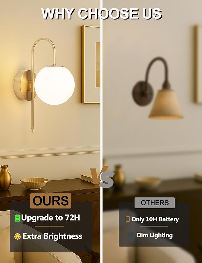 Battery Operated Gooseneck Wall Sconces Set of 2, Glass Globe Wireless Lights with Remote & Touch, Rechargeable Brushed Gold Sconce, 3 Color Dimmable Ambient Lighting for Bedroom Living Room