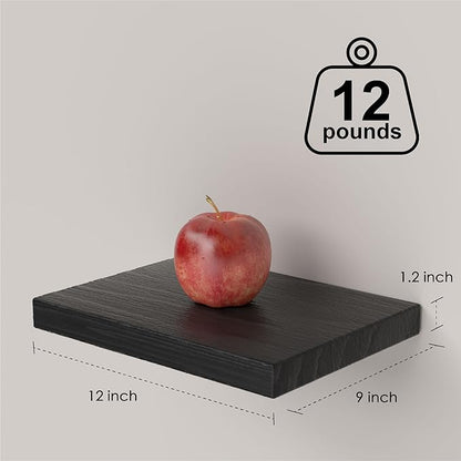 Small Floating Shelves for Wall - 12 x 9 Inch Black Shelves for Bedroom, Living Room, Bathroom, Kitchen, Office Decor Set of 3