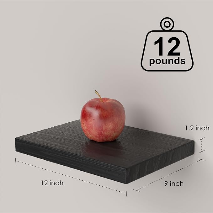 Small Floating Shelves for Wall - 12 x 9 Inch Black Shelves for Bedroom, Living Room, Bathroom, Kitchen, Office Decor Set of 3