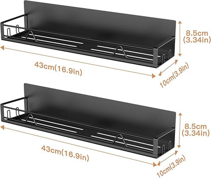 16.9 Inch Wide Large Capacity Magnetic Spice Rack for Refrigerator, 2 Pack Metal Fridge Shelf, Black