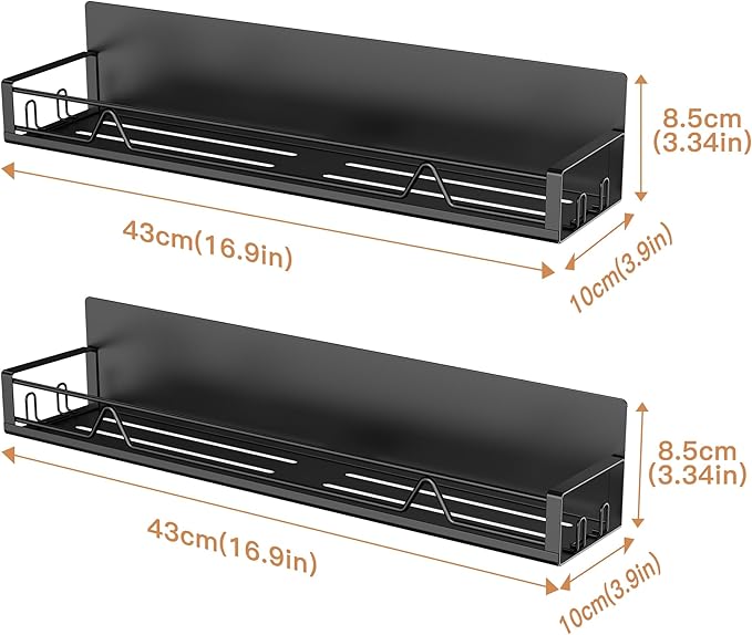 16.9 Inch Wide Large Capacity Magnetic Spice Rack for Refrigerator, 2 Pack Metal Fridge Shelf, Black
