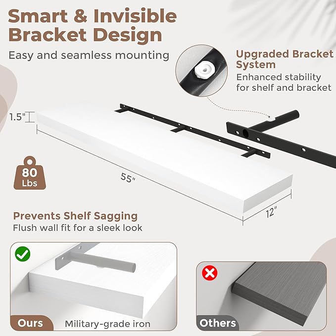 55 Inch Long Floating Shelves for Wall Set of 2, 12
