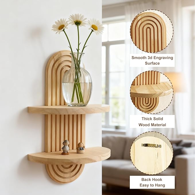 Artilady 2 Pack Boho Wall Hanging Shelf - Handmade 2 Tier Rainbow Arch Solid Wood Floating Shelves Wall Decor Small Trinket Storage Rack for Bedroom Living Room Nursery Bathroom