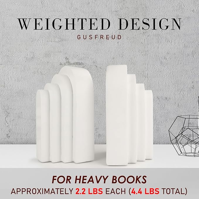 Book Ends for Heavy Books, Resin Decorative bookends, Heavy Duty Book end for Shelves, Book Stopper for Shelves, Modern Home Decor Aesthetic Book Ends, Layered Arch Design Set of 2(Cream White)