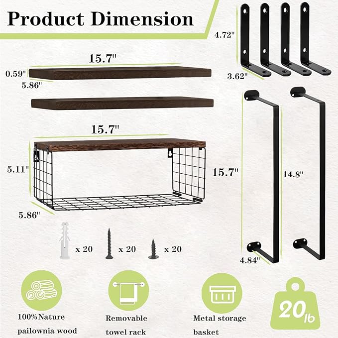 Floating Shelves Over Toilet, Wall Mounted Bathroom Organizer Shelf with Storage Basket for Toilet Paper, Wood Wall Shelves with Towel Rack for Bathroom Bedroom(Dark Brown, Set of 4, 16 in)