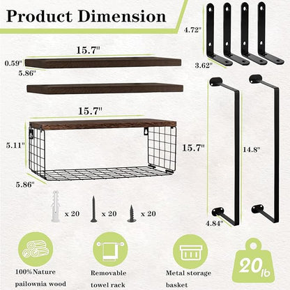Floating Shelves Over Toilet, Wall Mounted Bathroom Organizer Shelf with Storage Basket for Toilet Paper, Wood Wall Shelves with Towel Rack for Bathroom Bedroom(Dark Brown, Set of 4, 16 in)