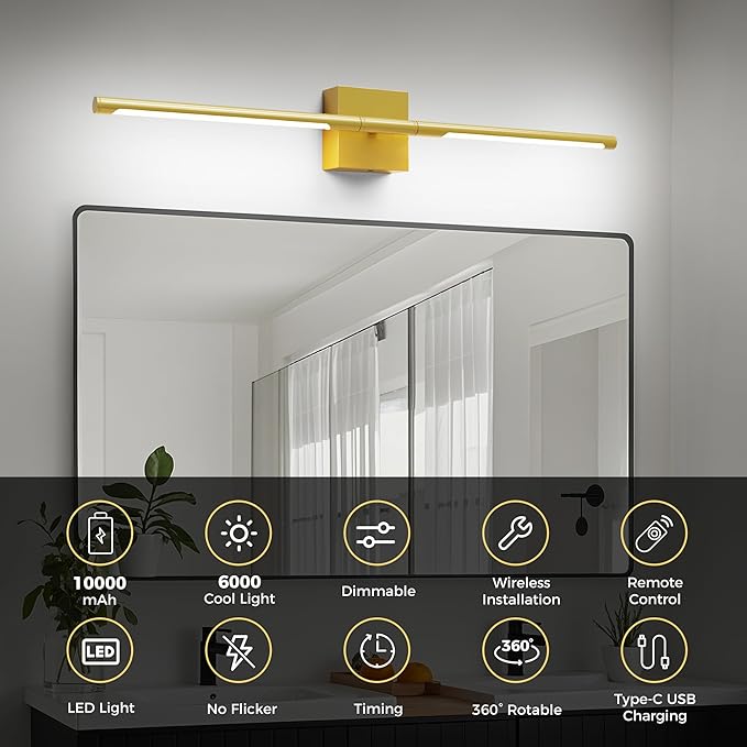 L LOHAS LED Battery Operated Wall Sconces Set of 2, Battery Wall Sconce 10000mAh, Gold Rechargeable Sconces 6000K, 28.3 Inch Wireless Wall Lights, Sconce Wall Decor for Bedroom, Living Room
